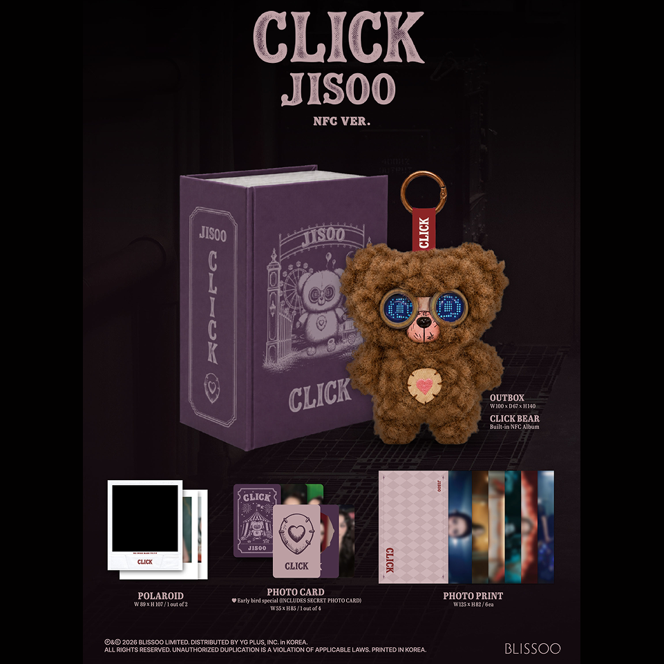 JISOO CLICK BABY BEAR NFC ver.: коробка, медвежонок CLICK BEAR, полароид, фотокарточки и фотопринты